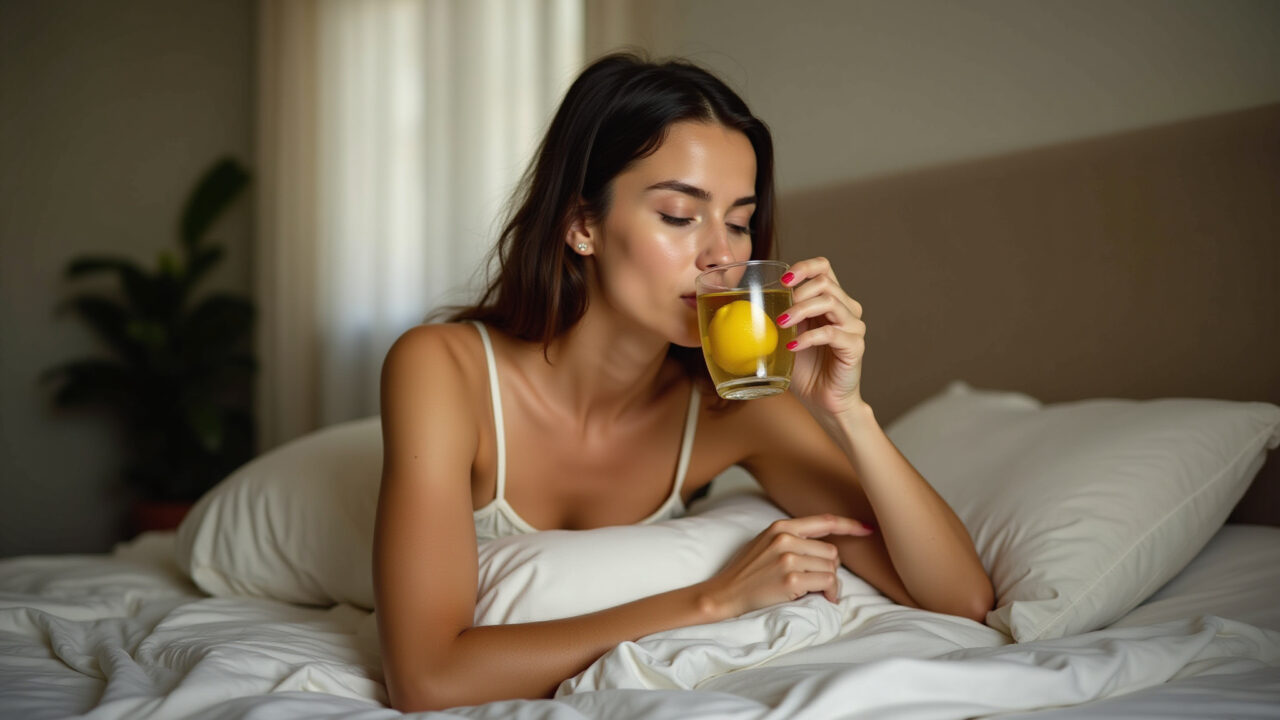 Woman drinking lemon leaf tea before bed, Brazilian bedroom, soft lighting, sleep aid, relaxation, Chá de folha de limão para o sono