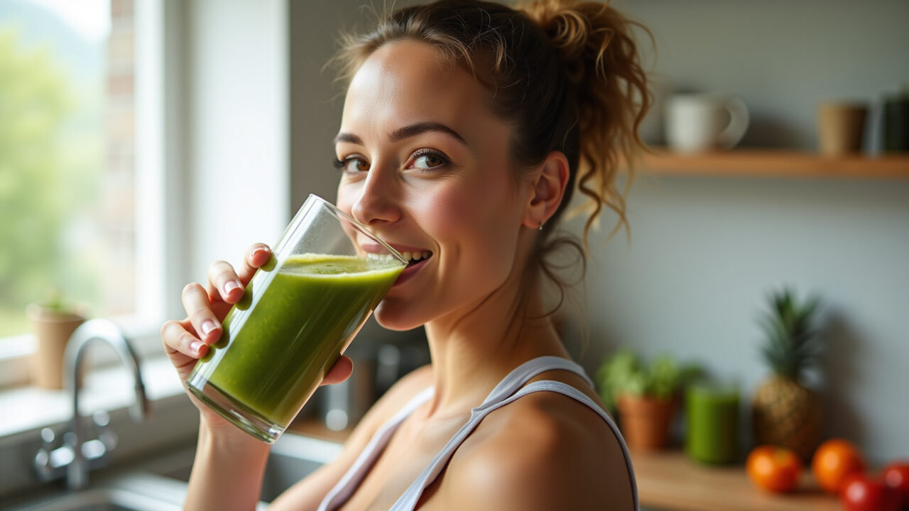 Woman drinking okra juice, bright kitchen, healthy lifestyle, natural light, 8k, sharp focus, Mulher bebendo suco de quiabo em uma cozinha iluminada.