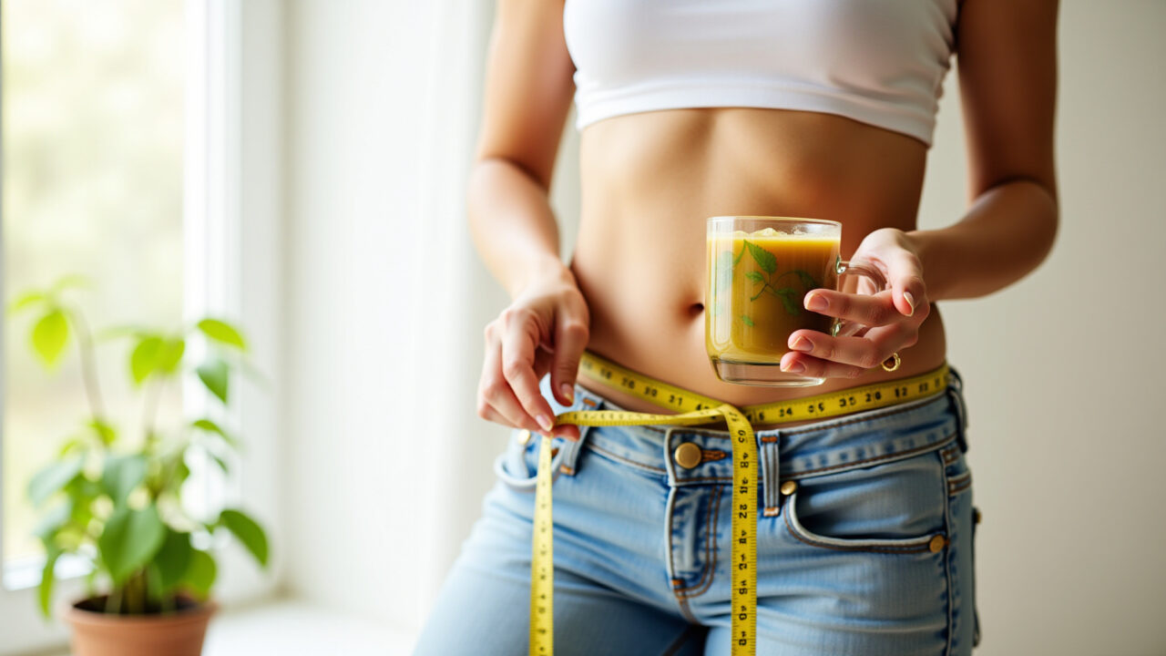 Woman drinking siriguela leaf tea, measuring tape, healthy food, bright background, weight loss Chá de folha de siriguela e emagrecimento.