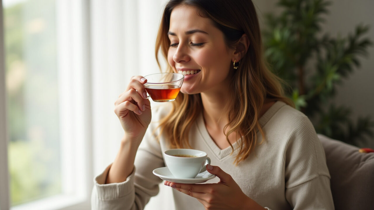 Woman drinking uvaia tea, calming scene, anxiety relief, natural light, cozy home, lifestyle Mulher bebendo chá de uvaia para aliviar a ansiedade.