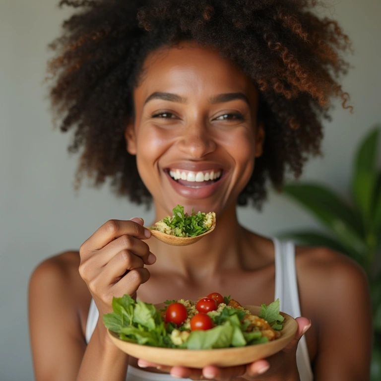 Woman eating balanced keto meal, mindful eating, healthy lifestyle, professional photography, 8K Mulher comendo refeição cetogênica balanceada.