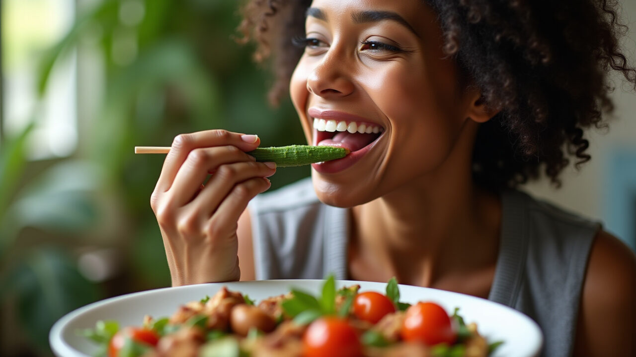 Woman eating healthy meal, okra, natural light, 8k, sharp focus, lifestyle photography, vibrant Mulher saboreando uma refeição saudável com quiabo.