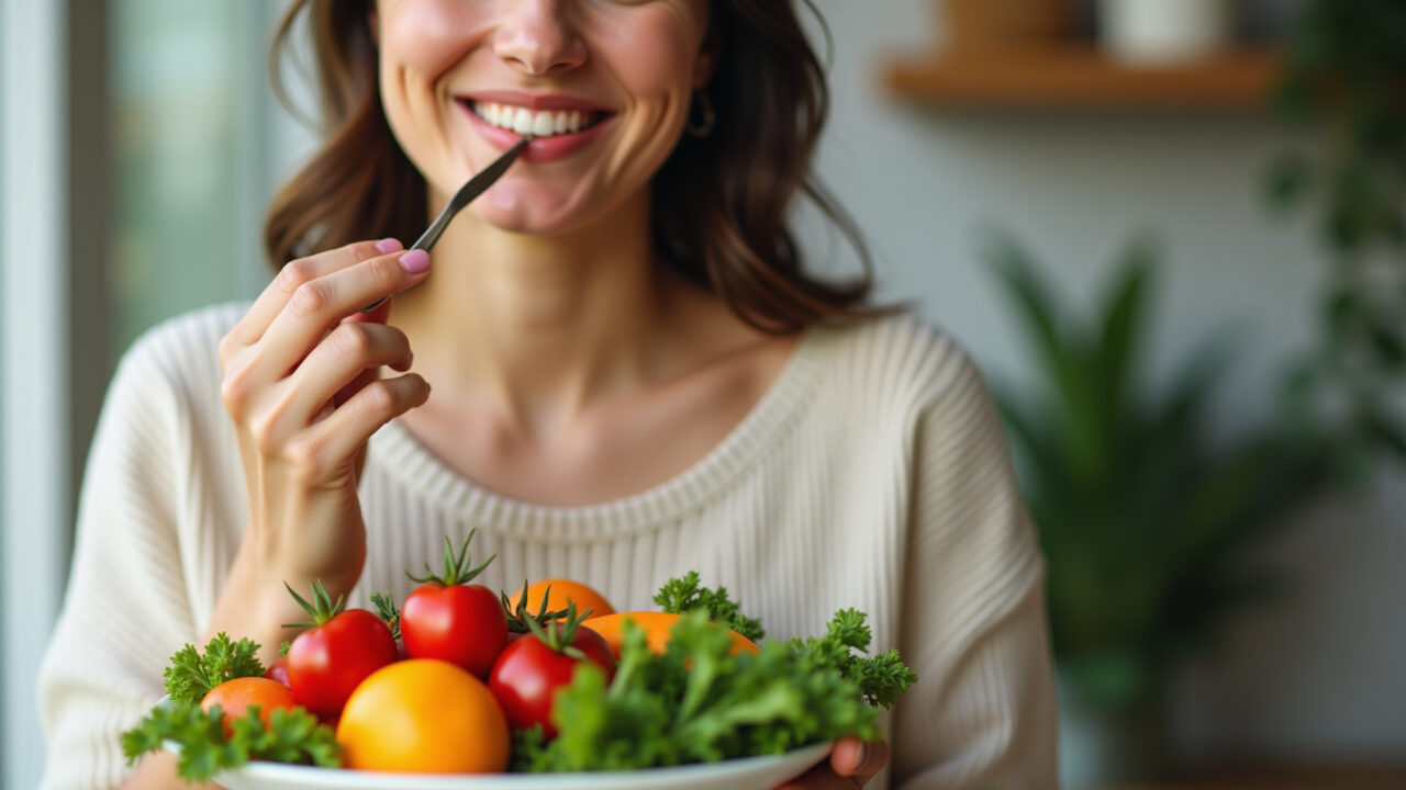 Woman eating healthy meal, vibrant fruits and vegetables, glowing skin. Professional photography, Alimentação saudável influenciando na cor da tatuagem.