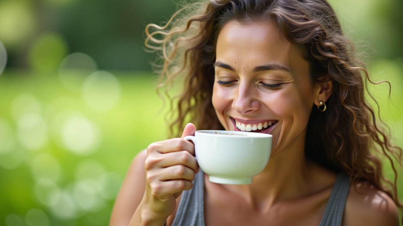 Woman enjoying a cup of cagaita leaf tea outdoors, sunny day, natural lighting, green background, Mulher relaxando com chá de cagaita ao ar livre.