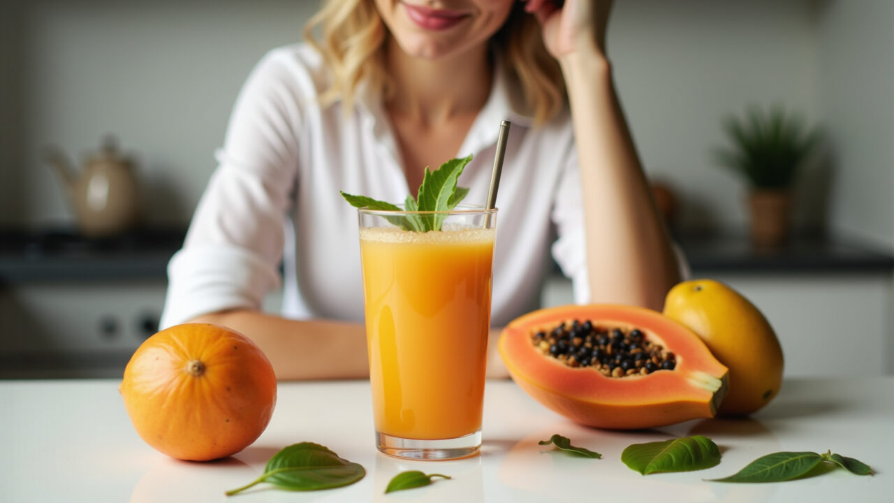 Woman enjoying a healthy smoothie with papaya leaf tea, tropical fruits, bright kitchen, natural Smoothie saudável com chá de folha de mamão verde.
