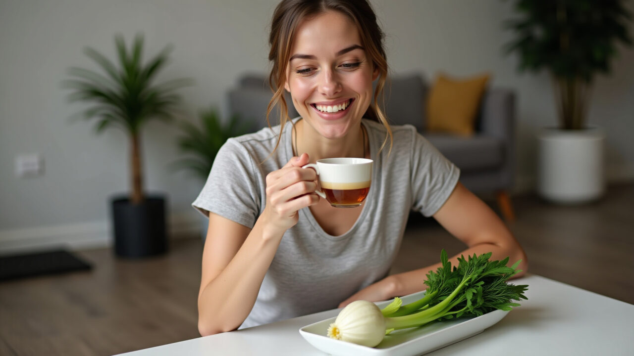 Woman enjoying fennel tea as part of a healthy lifestyle, balanced meal, exercise equipment in Chá de erva-doce e emagrecimento: um aliado na dieta.