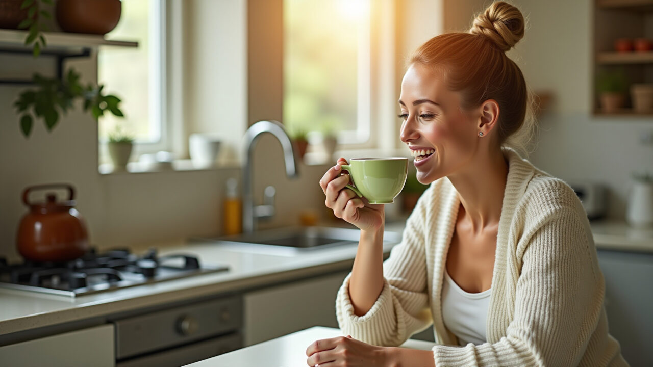 Woman enjoying green tea in a sunlit Brazilian kitchen, natural skincare products on the counter, Mulher bebendo chá verde em cozinha ensolarada.