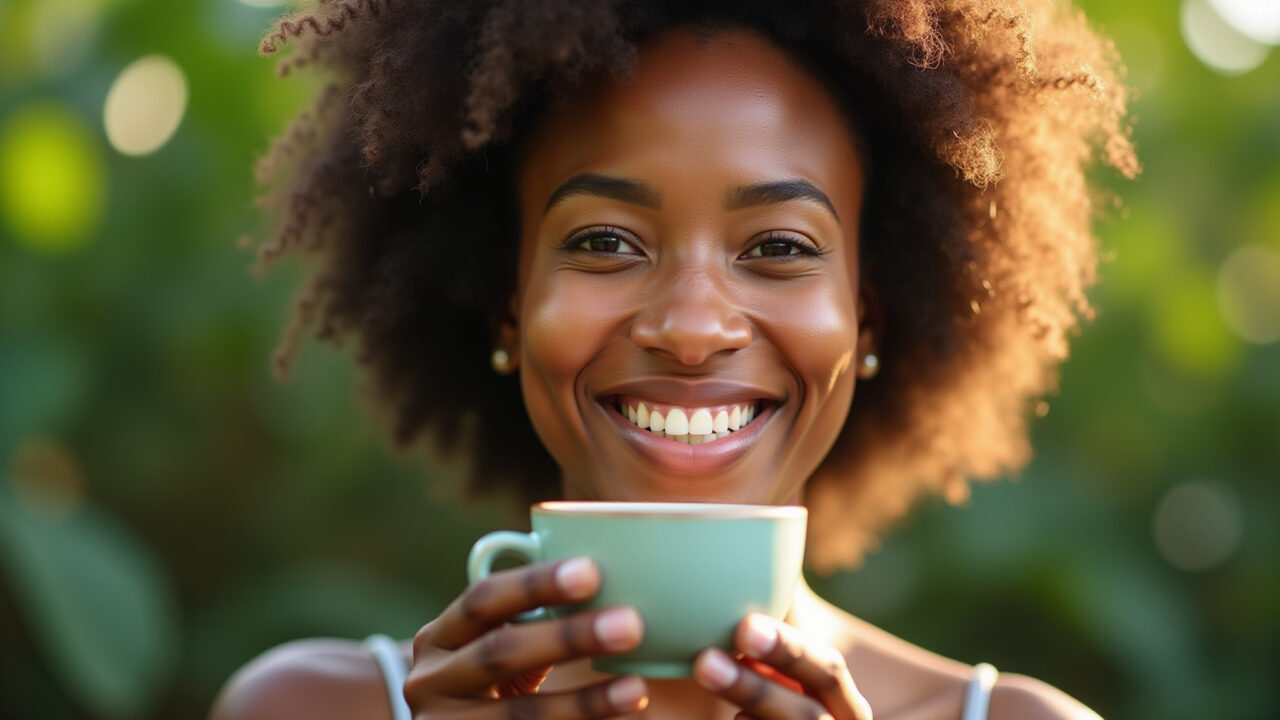 Woman enjoying moringa tea, radiant skin, natural beauty, lifestyle photography, 8K quality, Farm Mulher bebendo chá de moringa com pele radiante.