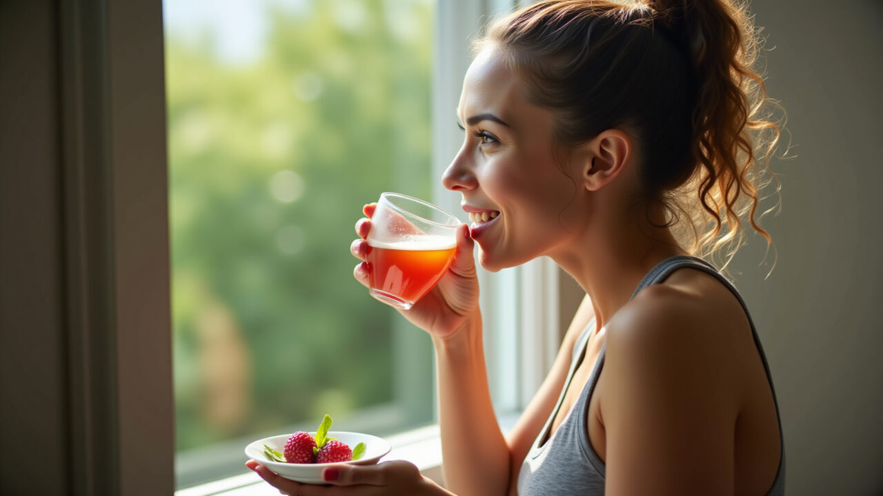 Woman enjoying mulberry leaf tea after workout, healthy snack nearby, natural lighting, weight Mulher bebendo chá de amora pós-treino.