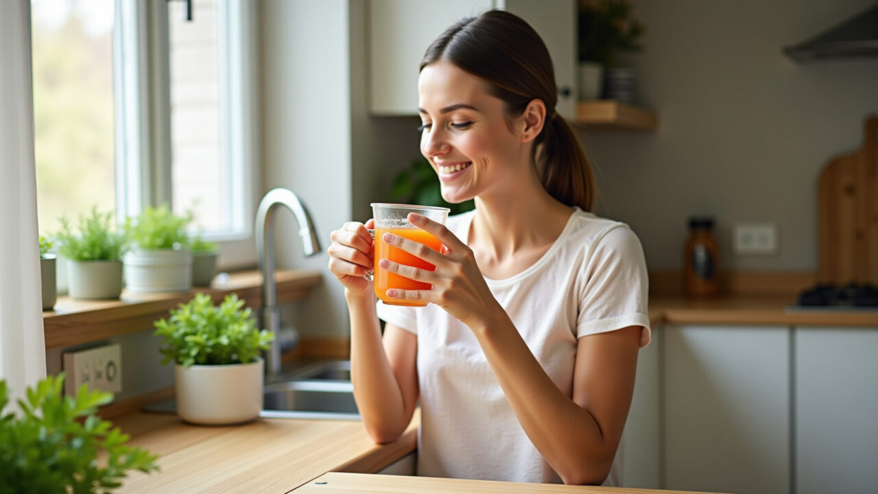 Woman enjoying papaya leaf tea mid-morning, bright kitchen, natural light, 8K, sharp focus, Mulher tomando chá de folha de mamão entre as refeições.