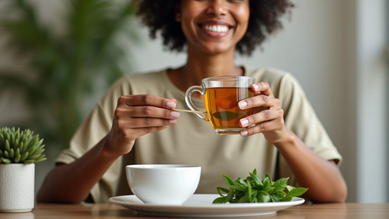 Woman enjoying siriguela leaf tea, balanced diet, healthy lifestyle, moderation concept, 8K, sharp Consumo moderado de chá de folha de siriguela.
