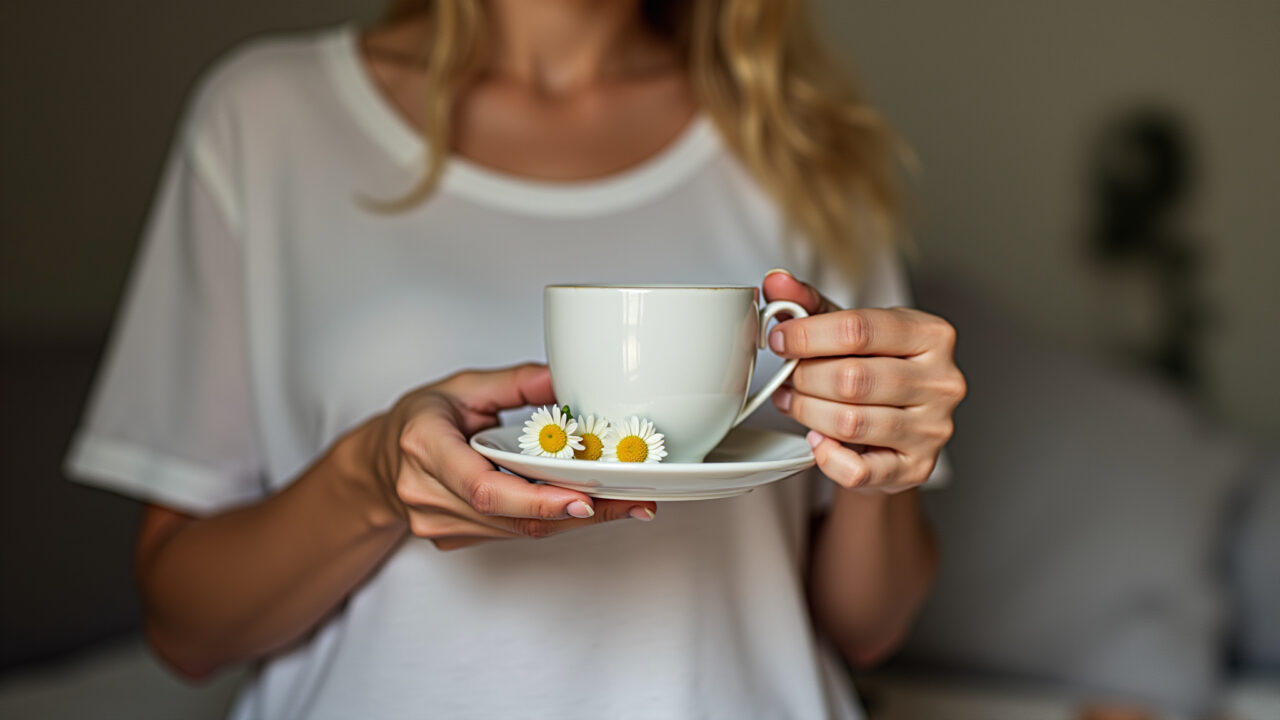 Woman experiencing menstrual cramps, holding chamomile tea, comforting scene, Brazilian home Chá de camomila para cólica menstrual.