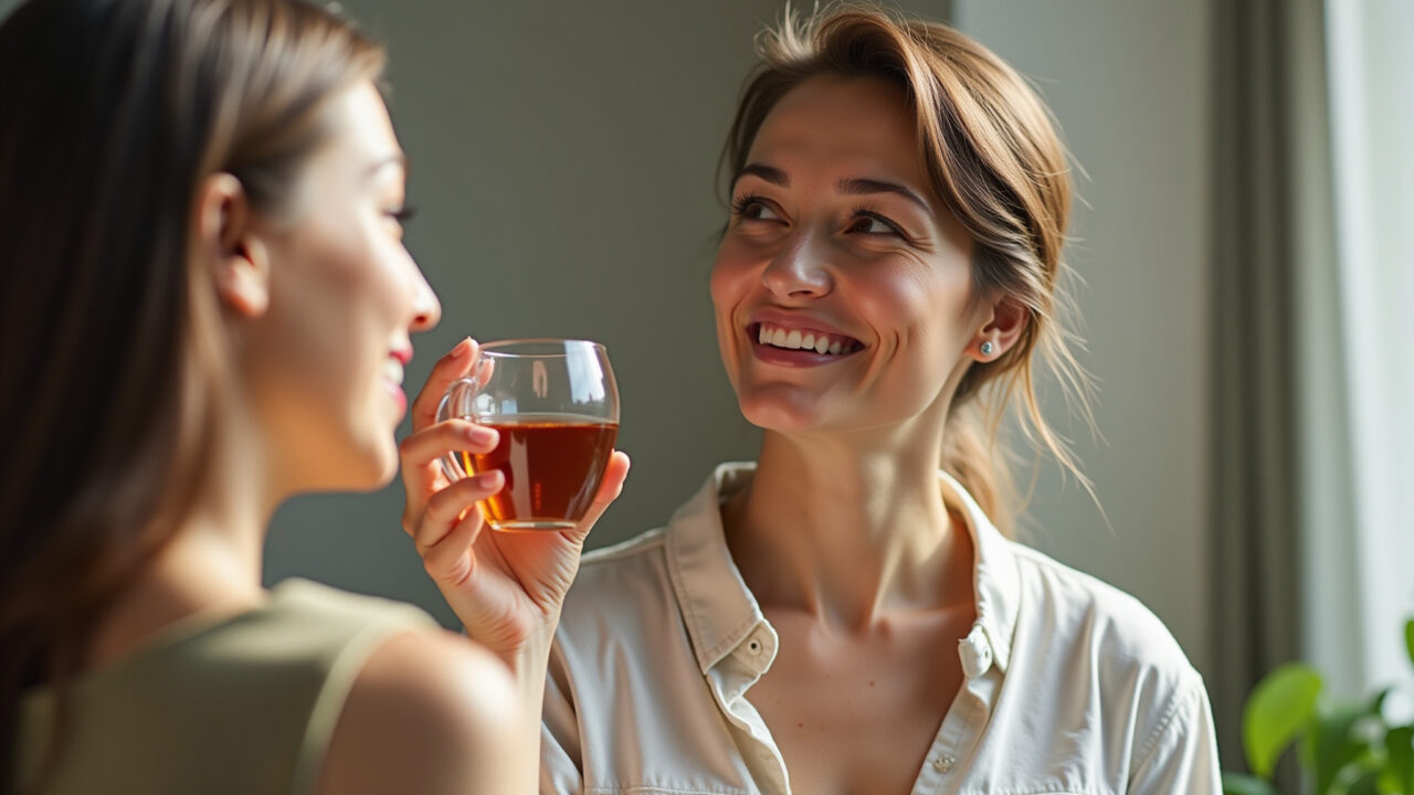 Woman feeling lighter after drinking fennel tea, wearing comfortable clothes. Natural lighting, 8K Chá de erva-doce para retenção de líquidos.