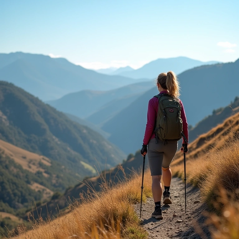 Woman hiking in Serra da Estrela, Portugal, scenic mountain views, clear sky, outdoor adventure, Mulher faz trilha na Serra da Estrela, Portugal.