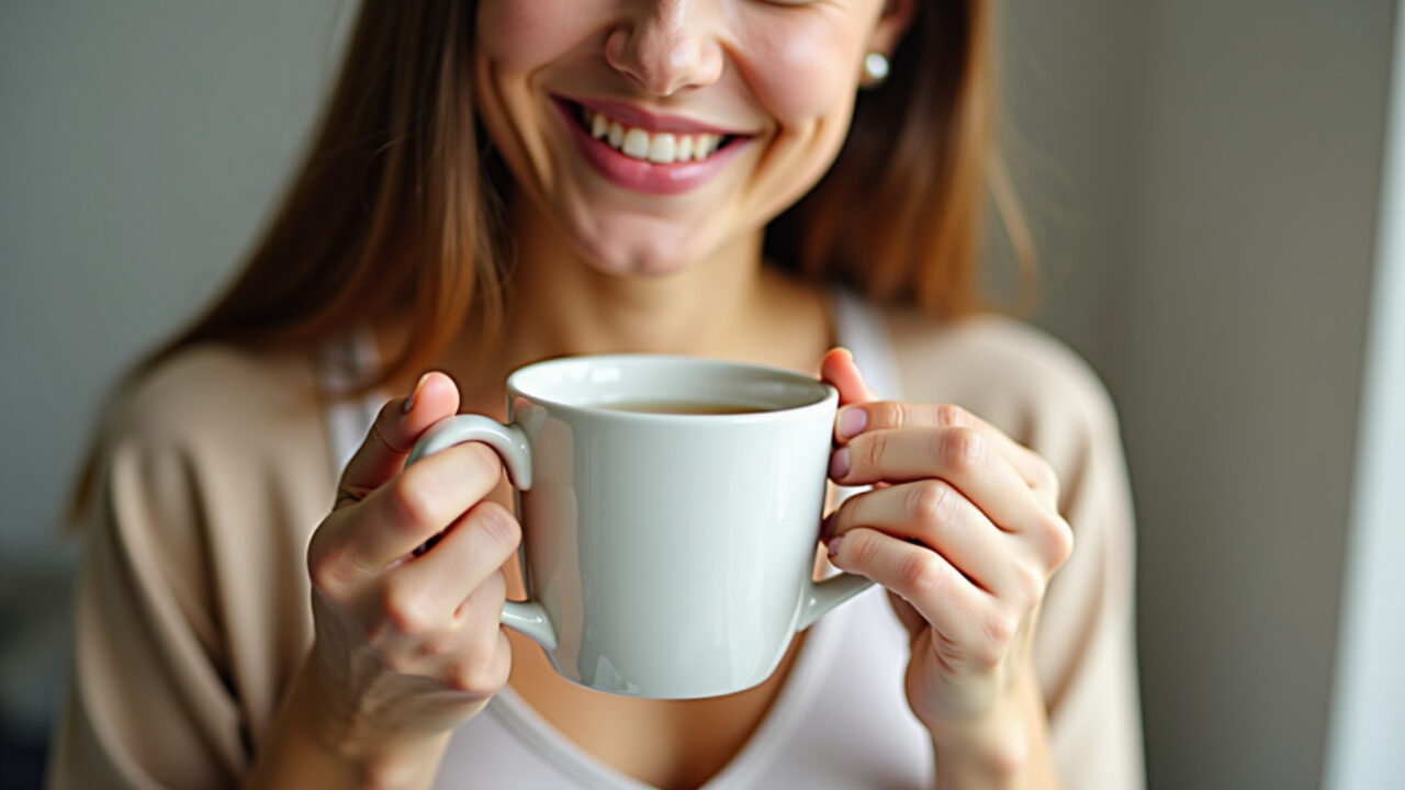 Woman holding a cup of fennel tea, smiling, with a relaxed expression. Bloated belly relief Chá de erva-doce para alívio de gases.