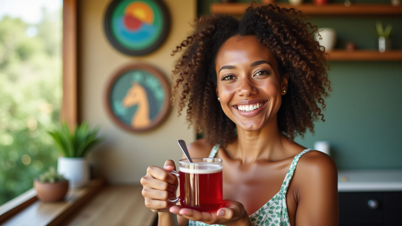 Woman holding a cup of hibiscus tea, smiling, Brazilian style decor, natural lighting, 8K, sharp Mulher sorrindo bebendo chá de hibisco.