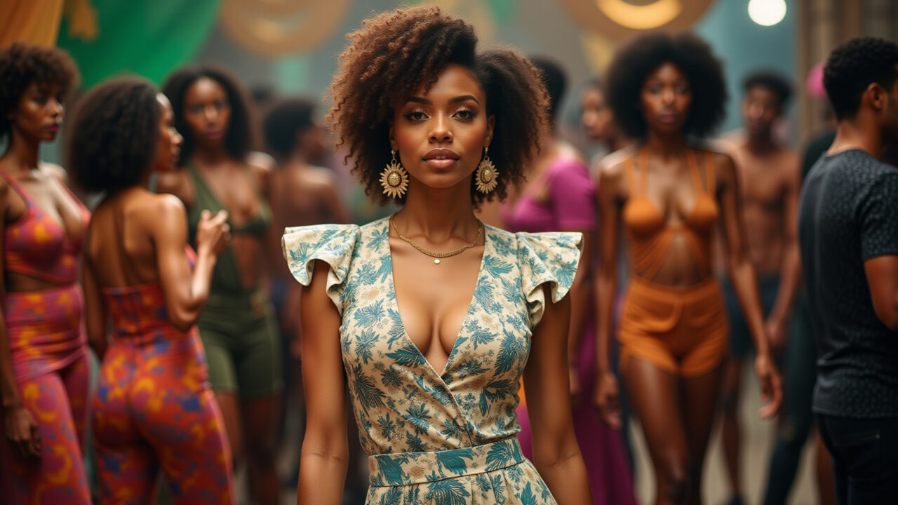 Woman in 80s jumpsuit, shoulder pads, bold prints, Brazilian themed party, platform shoes, big Macacão anos 80 com ombreiras para festa temática.