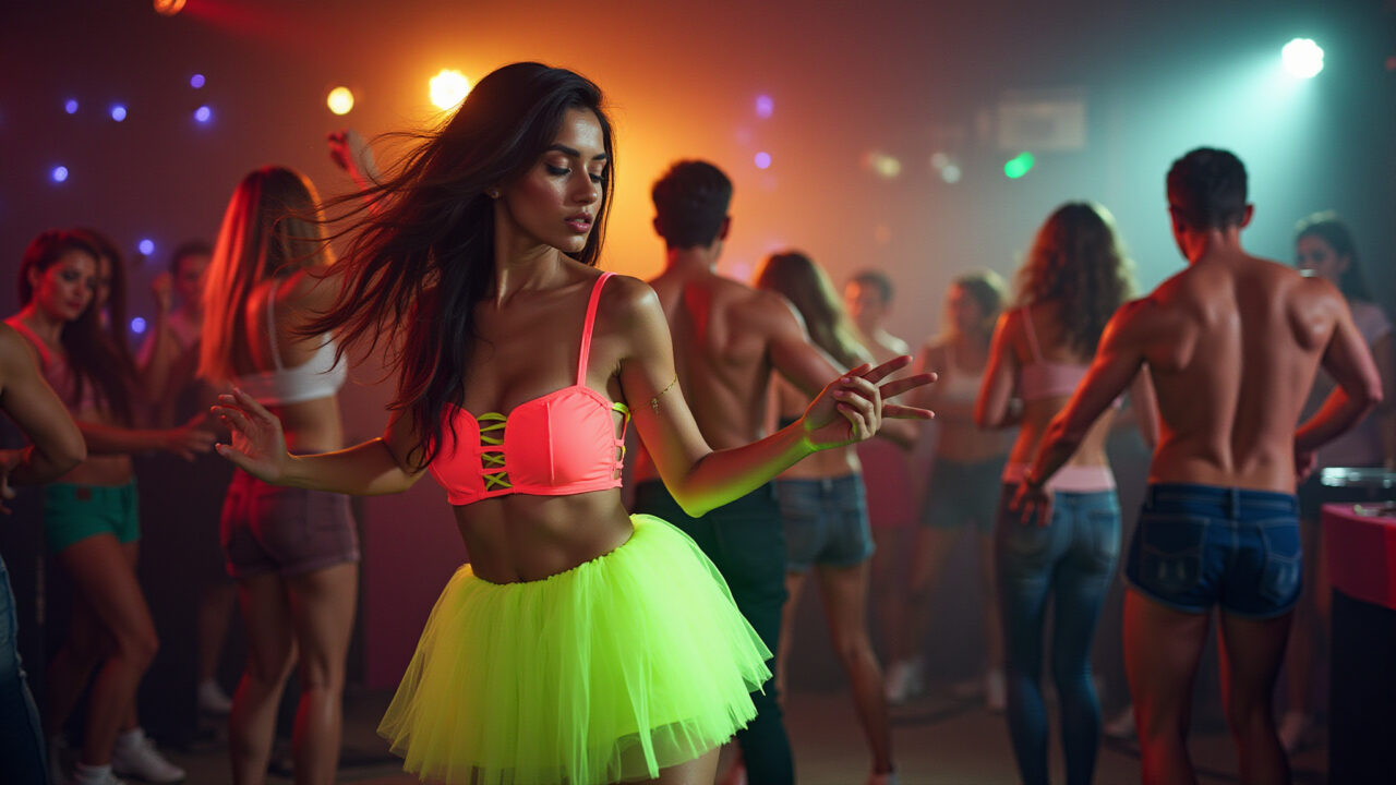 Woman in 80s party outfit, tulle skirt, neon top, dancing at a vibrant Brazilian themed party, Look anos 80 com saia de tule e blusa neon para festa.