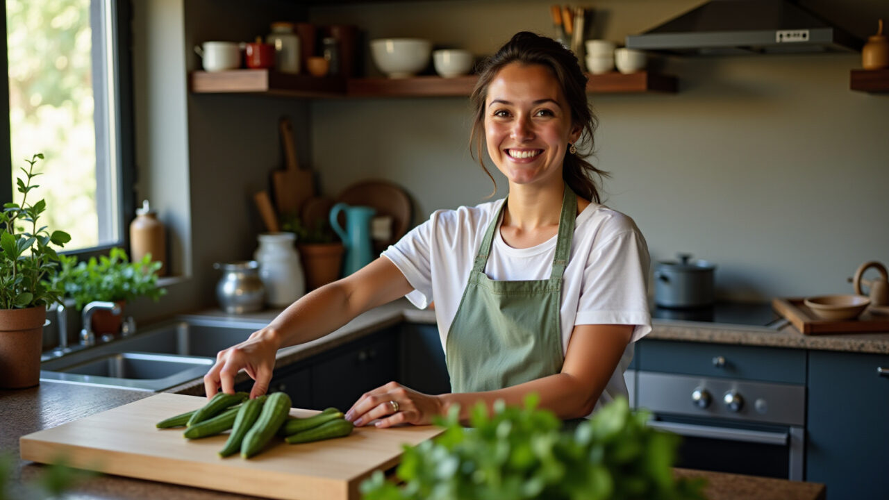 Woman in a modern Brazilian kitchen freezing okra, smiling, natural light, lifestyle photography, Mulher congelando quiabo em cozinha brasileira.