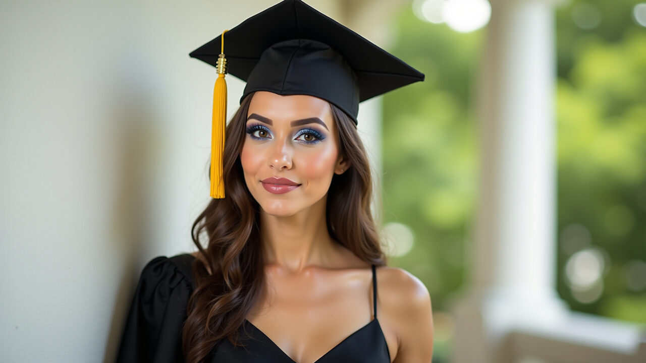 Maquiagem moderna para formatura com vestido preto.