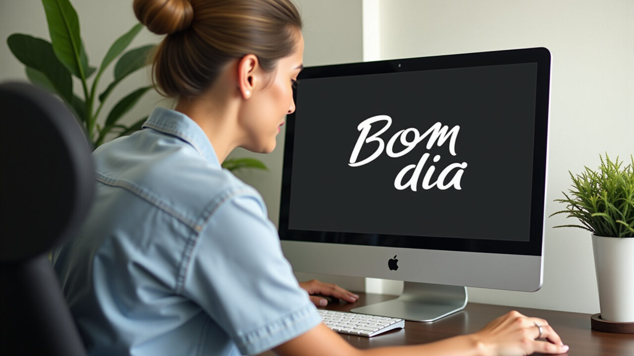Woman in her 40s, working at a desk, with a 'bom dia' motivational quote on her computer screen. Mulher trabalhando com frase motivacional de bom dia.
