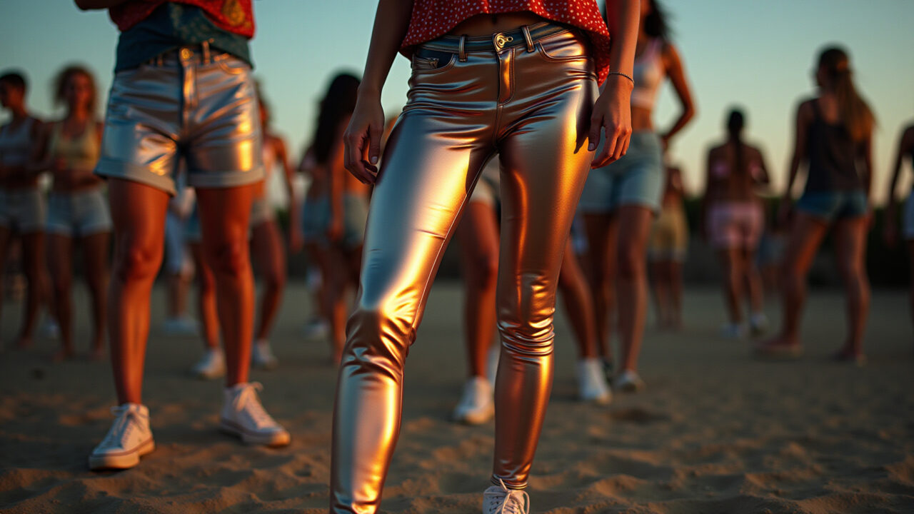 Woman in metallic leggings, oversized top, Brazilian party, 80s vibe, sneakers, professional Calça legging metalizada: look anos 80 para festa.
