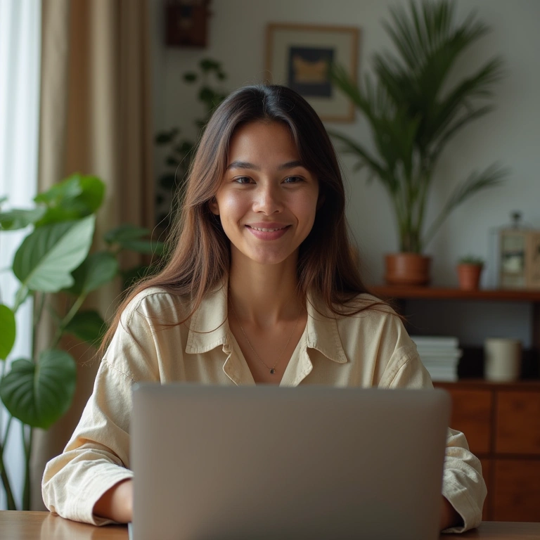 Woman in online meeting, good webcam quality, clear image, home office setup, Brazilian decor, 8k Mulher em reunião online com webcam de boa qualidade.