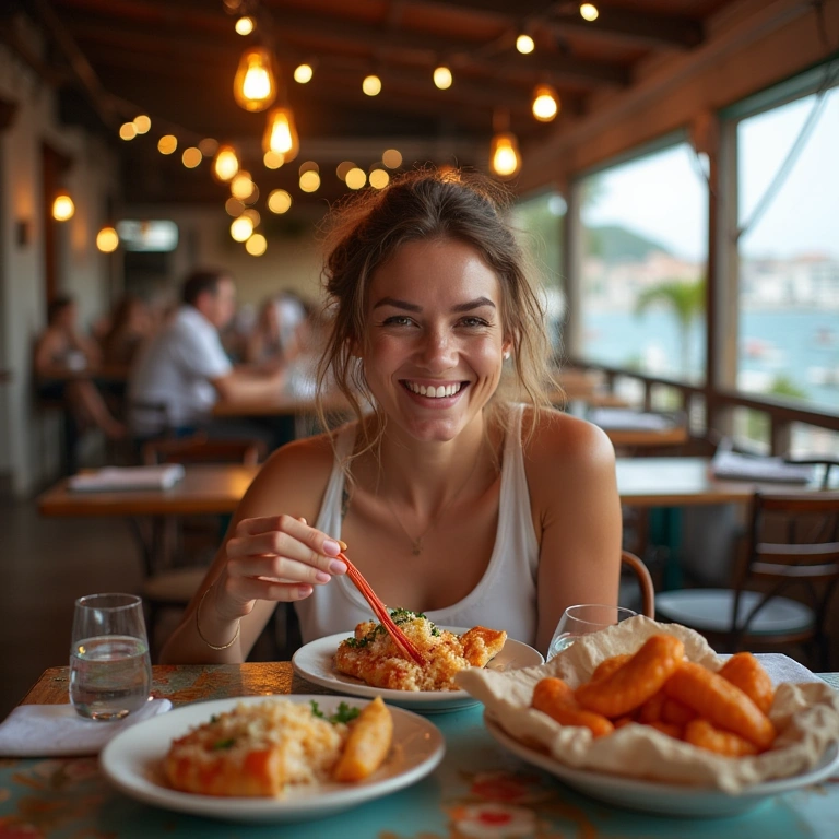 Woman in Portuguese 'tasquinha', enjoying seafood, authentic atmosphere, local cuisine, natural Mulher saboreia frutos do mar em tasquinha portuguesa.