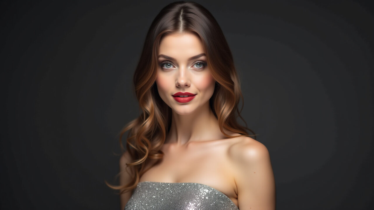 Vestido prata com batom vermelho: combinação poderosa.