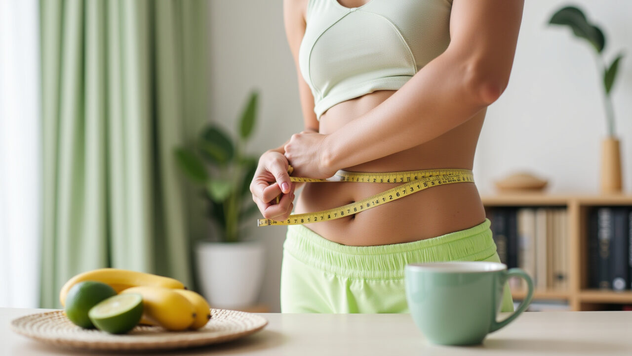 Woman measuring waist, green tea cup nearby, healthy food, exercise equipment, bright room, Mulher medindo a cintura com chá verde ao lado.