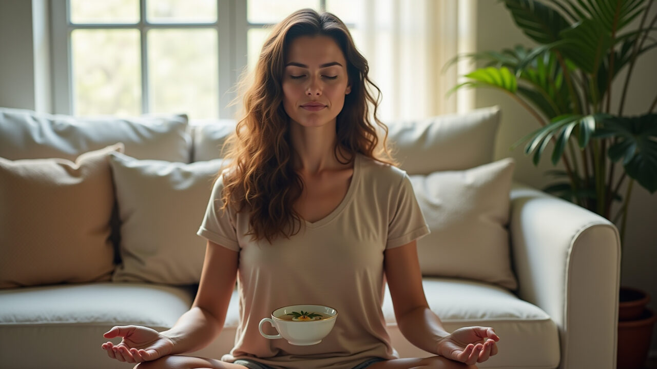 Woman meditating with cup of passion fruit leaf tea, calm expression, natural light, living room Mulher meditando com chá de folha de maracujá.