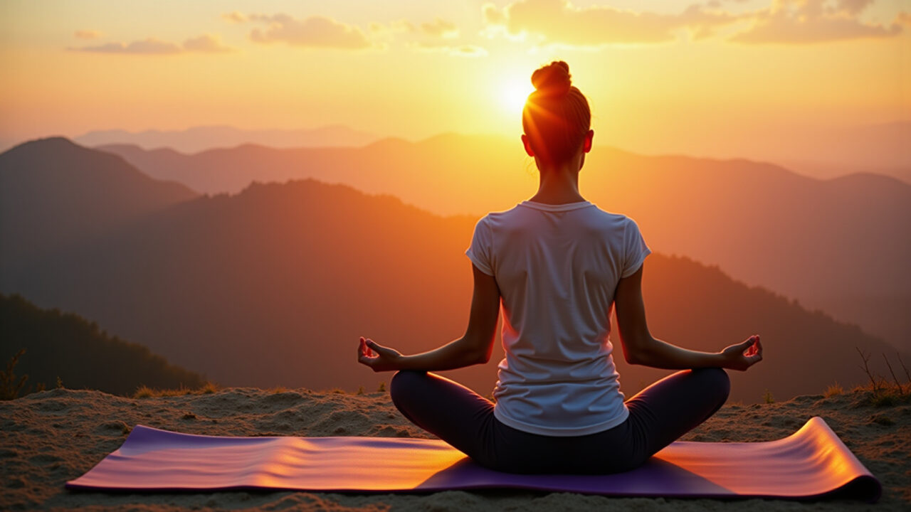Woman meditating, yoga mat, sunrise, mountain background, peaceful, inspirational, professional Mulher meditando ao nascer do sol na montanha.