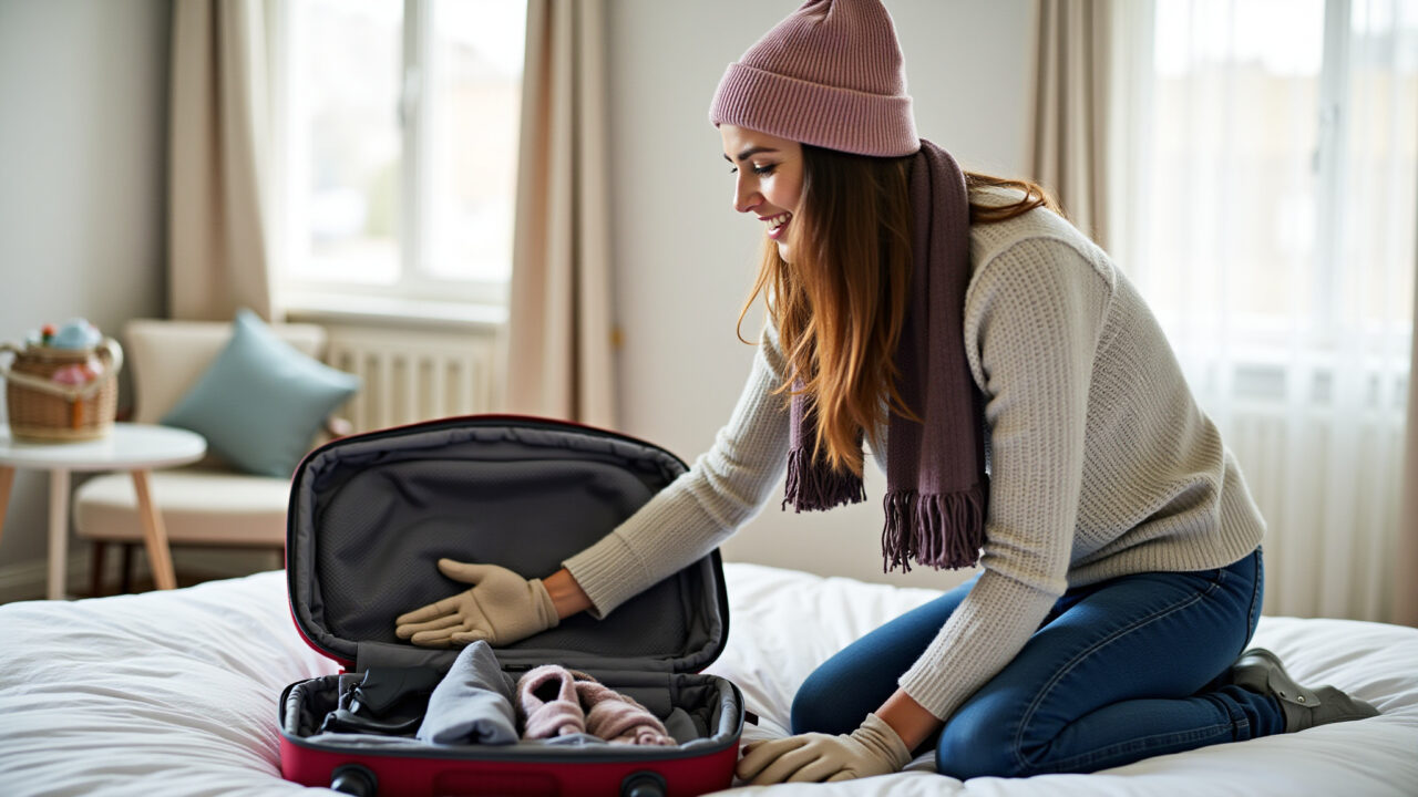 Mulher arrumando mala para o inverno no Canadá
