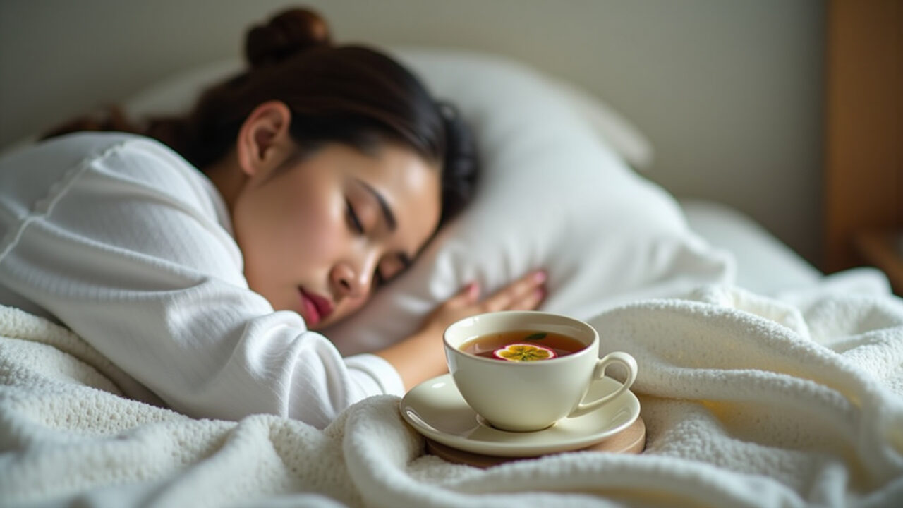 Woman peacefully sleeping, cup of passion fruit leaf tea on nightstand, soft light, bedroom Mulher dormindo tranquilamente após chá de maracujá.