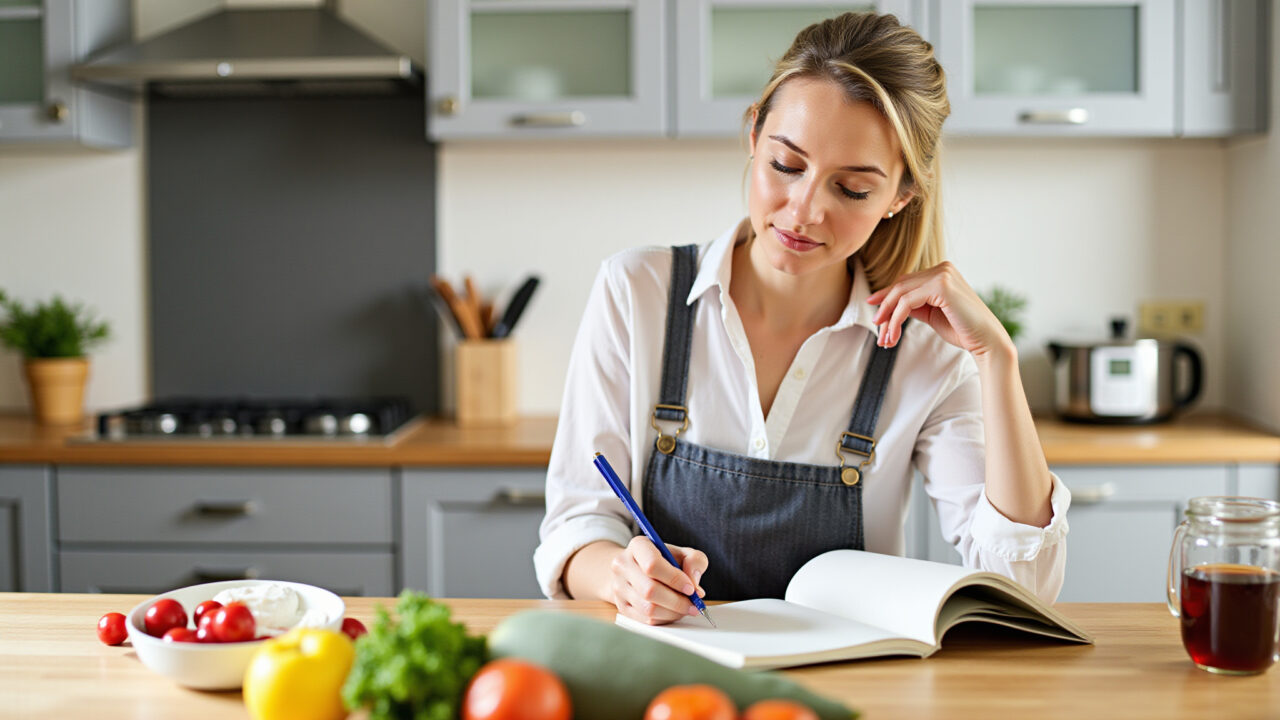 Woman planning meals, writing in notebook, kitchen background, avoiding food waste, 8k, Mulher planejando refeições para evitar o desperdício de arroz.