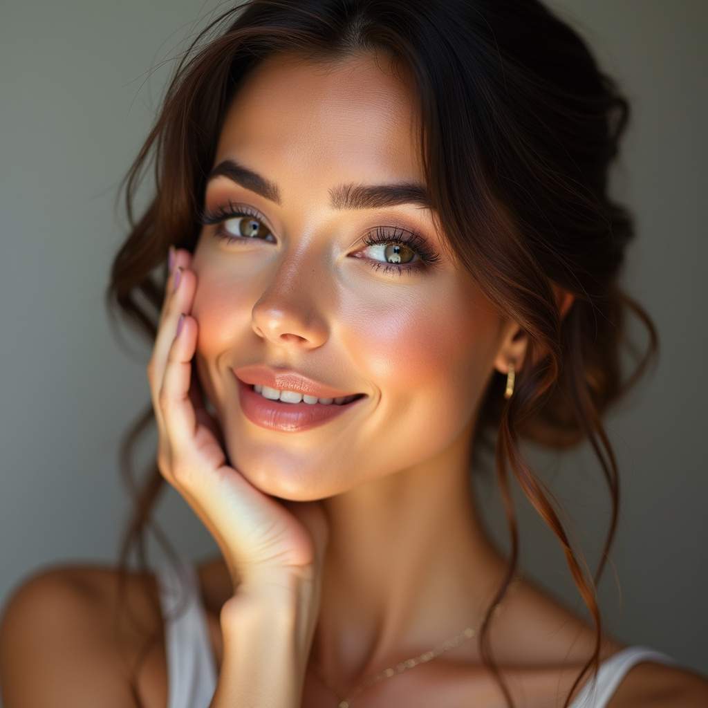Woman posing with perfect makeup, bright natural lighting, commercial photography, 8K quality, Mulher posando com maquiagem perfeita.