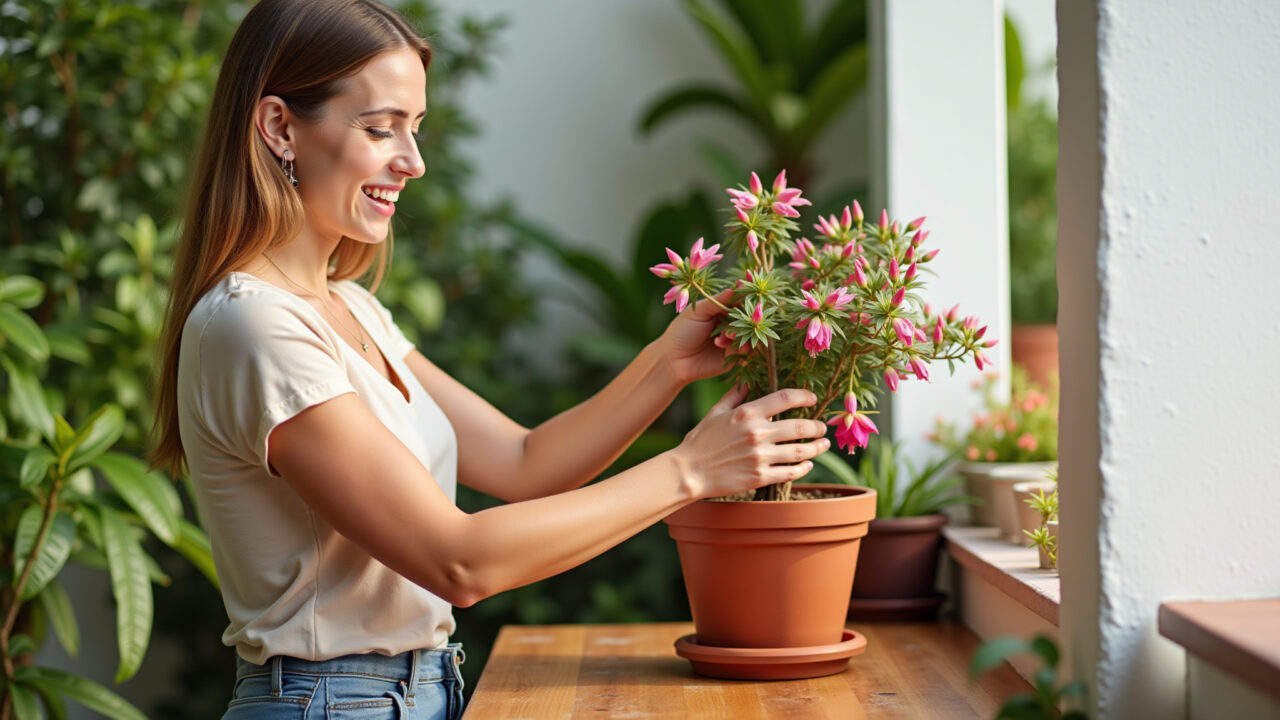 Woman potting fuchsia 'brinco de princesa' in a terracotta pot, sunny balcony, Brazilian style Plantando flor brinco de princesa