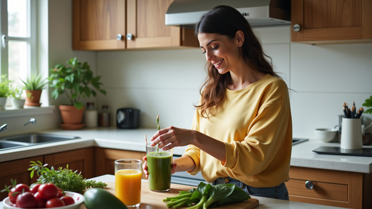 Woman preparing a quick smoothie in a modern Brazilian kitchen, healthy lifestyle, natural Mulher preparando smoothie rápido em cozinha moderna.