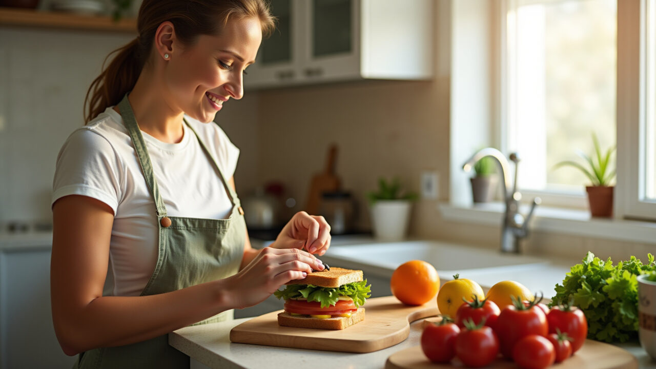 Woman preparing a simple sandwich with fresh ingredients in a sunlit Brazilian kitchen, healthy Mulher preparando sanduíche saudável em cozinha ensolarada.