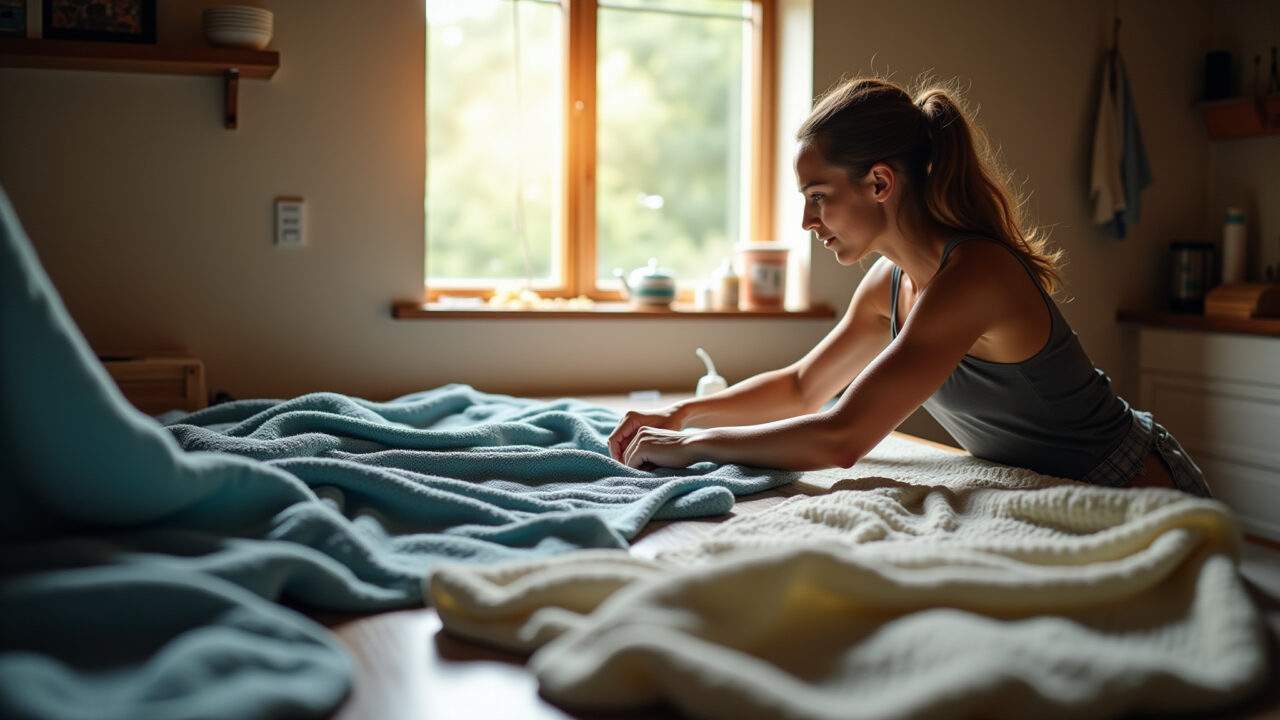Woman preparing fabric for waterproofing, washing and drying, natural light, lifestyle photography, Preparando tecido para impermeabilização caseira.