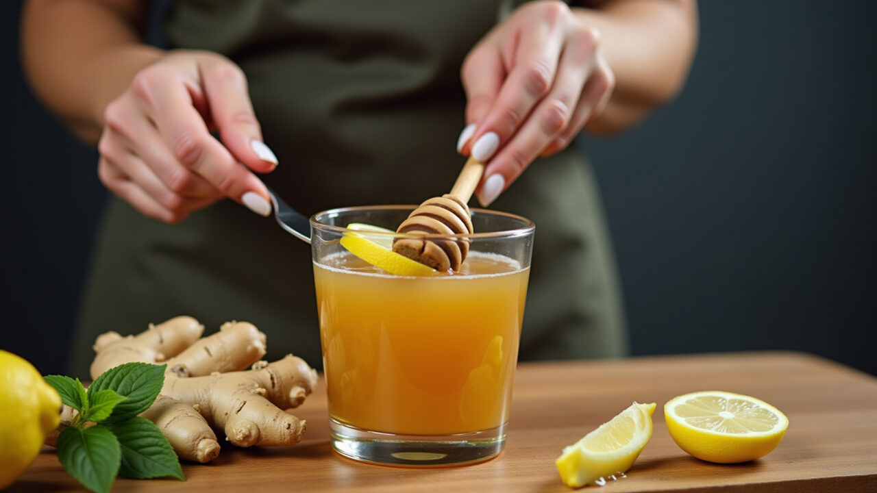 Woman preparing ginger tea with lemon and honey, Brazilian spices, professional photography, 8K Mulher preparando chá de gengibre com limão e mel.