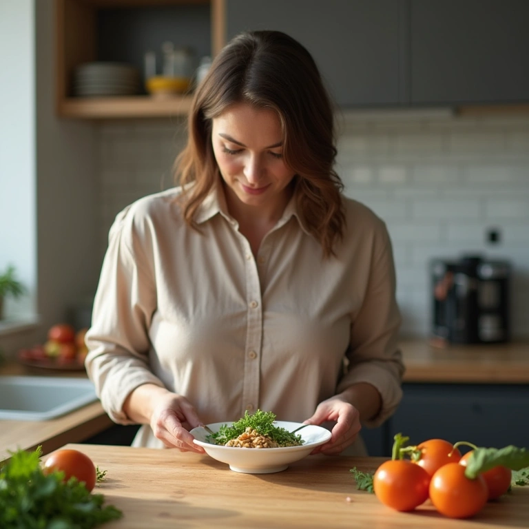 Woman preparing keto meal during intermittent fasting window, kitchen setting, time-restricted Mulher preparando refeição cetogênica durante jejum intermitente.