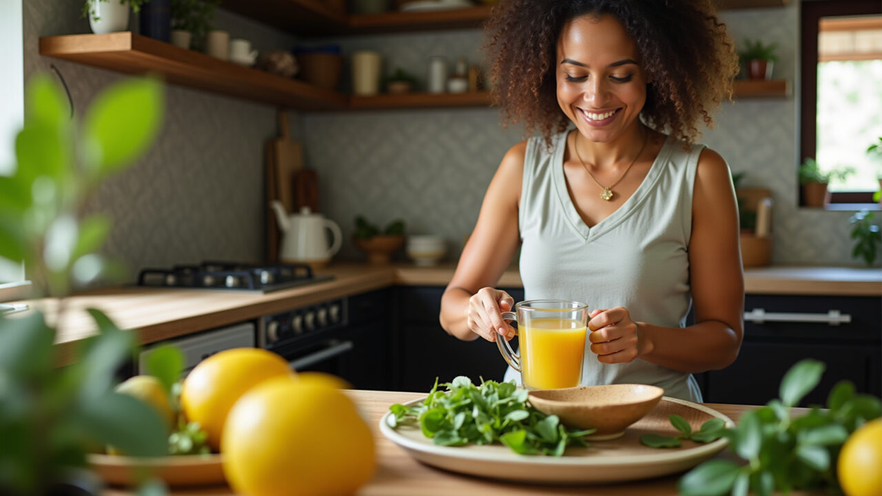 Woman preparing lemon leaf tea, sunny Brazilian kitchen, ingredients, healthy lifestyle, vibrant Preparando chá de folha de limão para imunidade