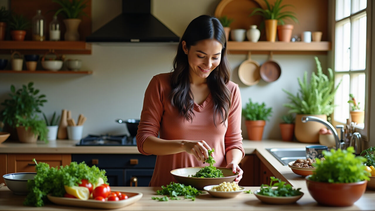 Woman preparing okra dish, farm rio style kitchen, natural light, healthy eating, 8k, sharp focus, Mulher preparando um prato com quiabo em uma cozinha estilo Farm Rio.