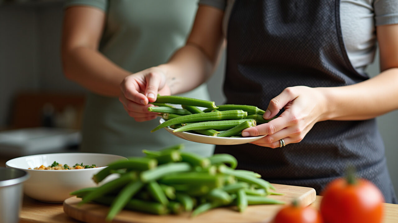 Woman preparing okra in a Brazilian kitchen, easy recipe, natural light, 8k, professional Mulher preparando quiabo na cozinha.