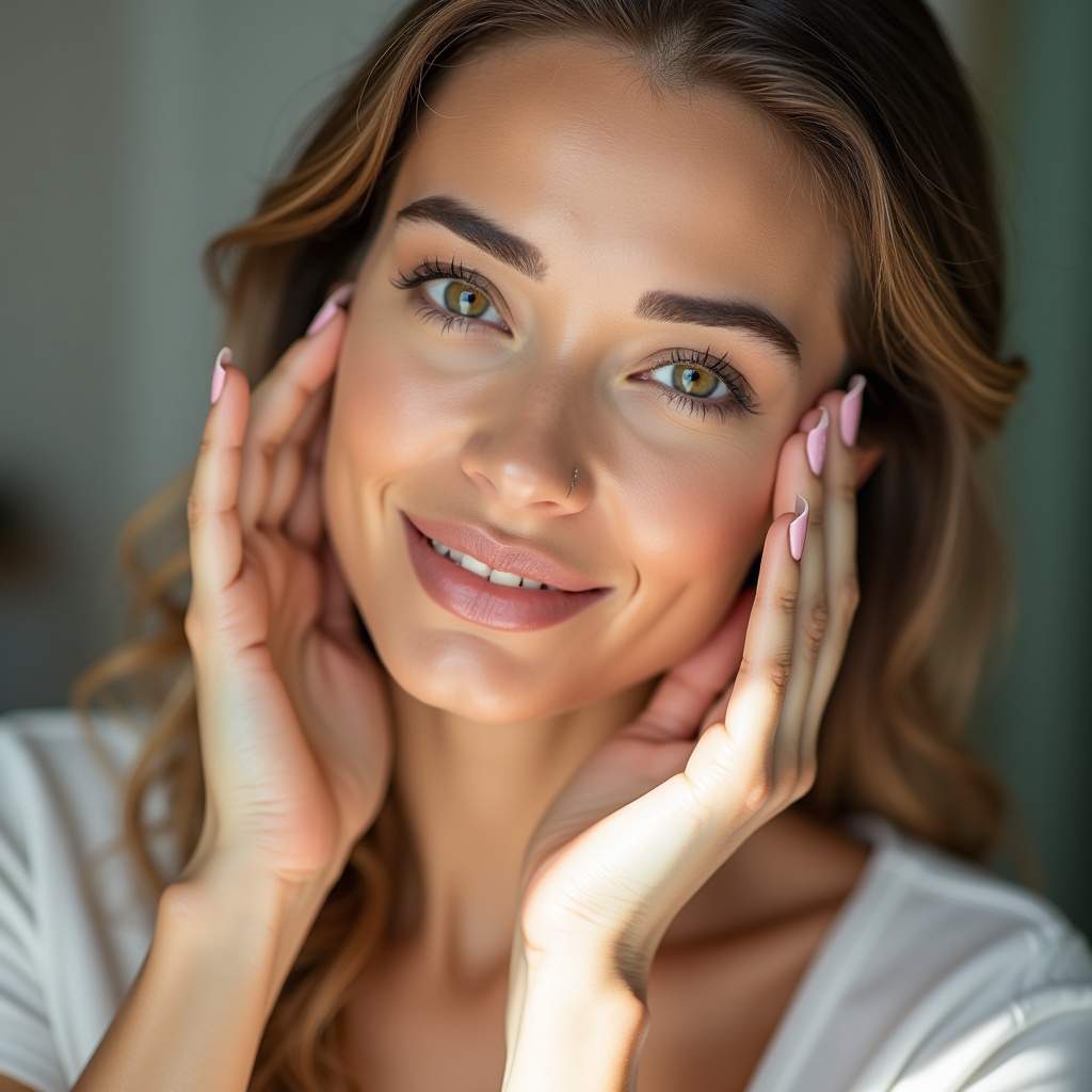 Woman preparing skin for makeup, bright natural lighting, commercial photography, 8K quality, sharp Mulher preparando a pele para maquiagem.