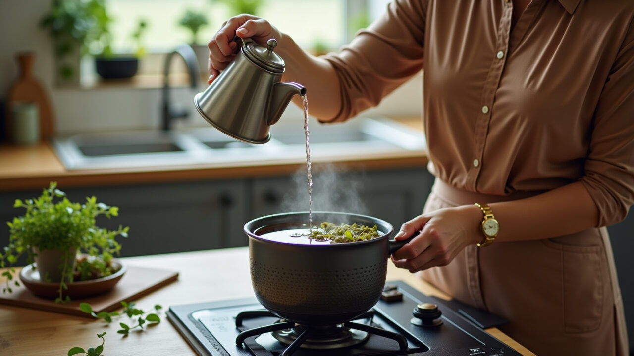 Woman preparing uvaia leaf tea, pouring hot water, kitchen setting, natural light, cozy atmosphere, Mulher preparando chá de folha de uvaia em cozinha aconchegante.