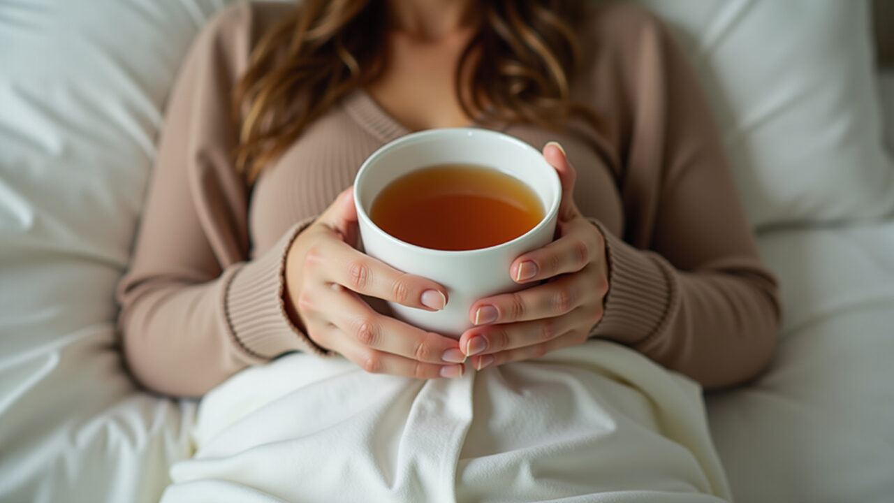 Woman relaxing with a cup of mango leaf tea before bed, soft lighting, 8k, lifestyle photography, Chá de folha de manga para dormir.