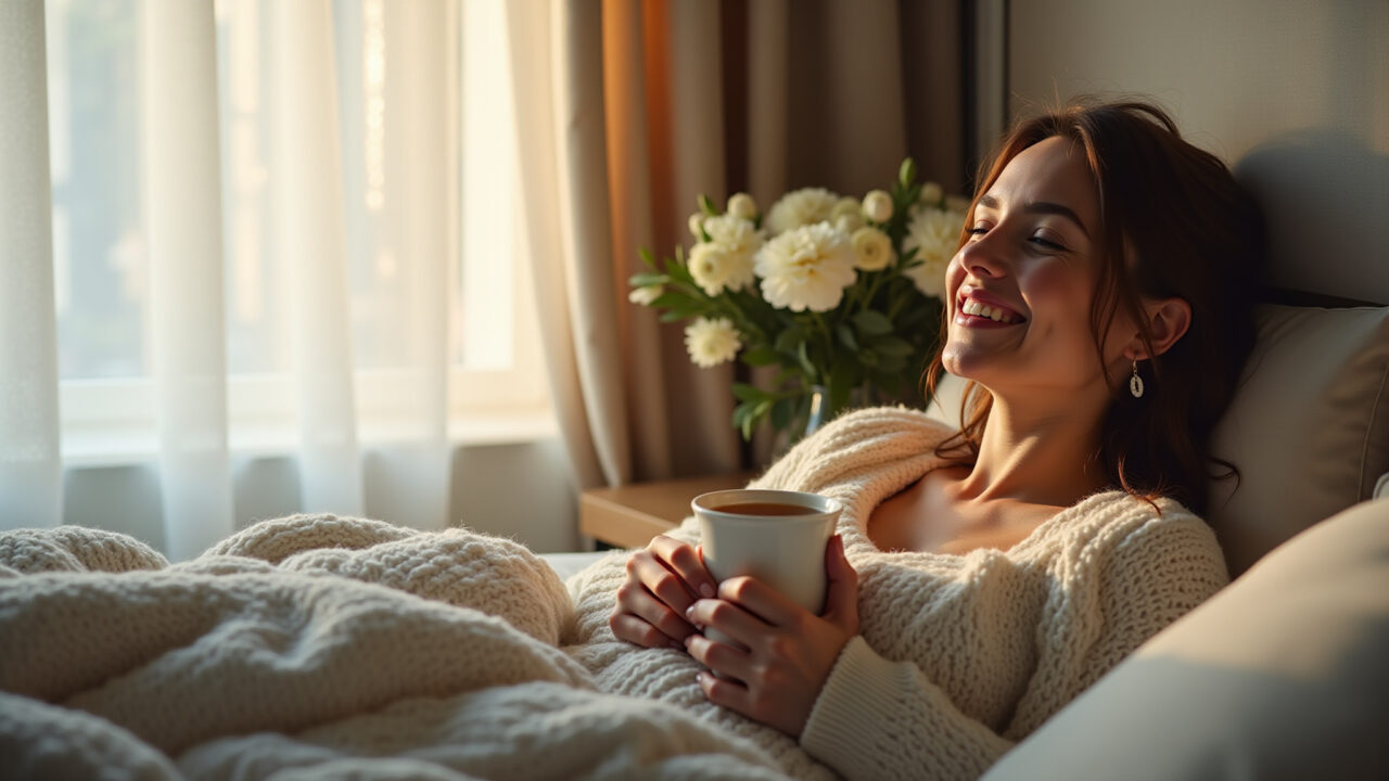 Woman relaxing with a cup of warm fennel tea before bed, soft lighting, cozy bedroom setting. Chá de erva-doce antes de dormir.