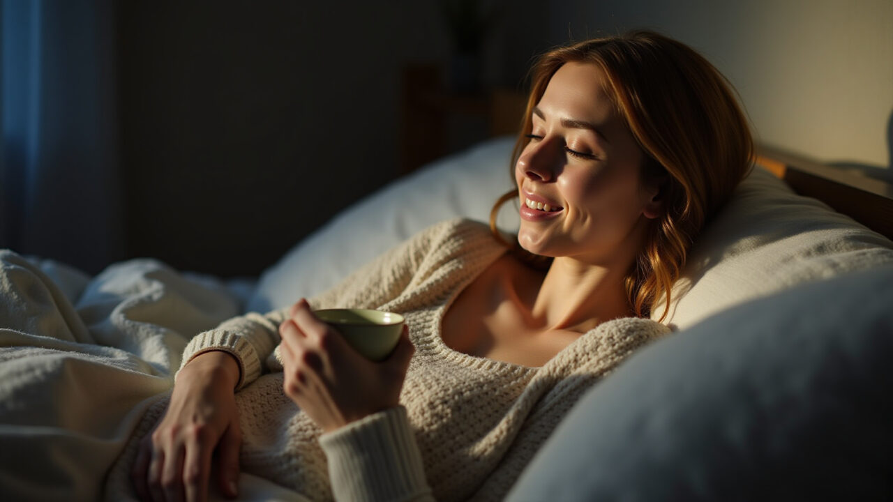 Woman relaxing with avocado leaf tea before bed, calm environment, dim lighting, peaceful night, Mulher relaxando com chá de abacate antes de dormir.